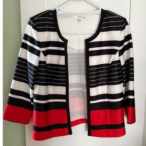 Studio One New York Women's Size 6 Black White Red Striped‎ Open Front Jacket